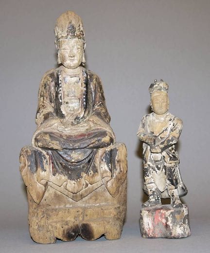 Guanyin et gardien céleste, deux sculptures en boi
