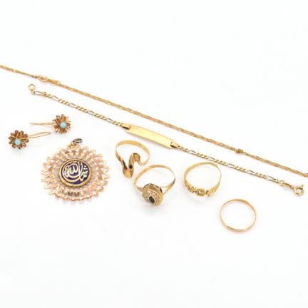 Alianza, 3 anillos, collar y pulsera de oro amaril