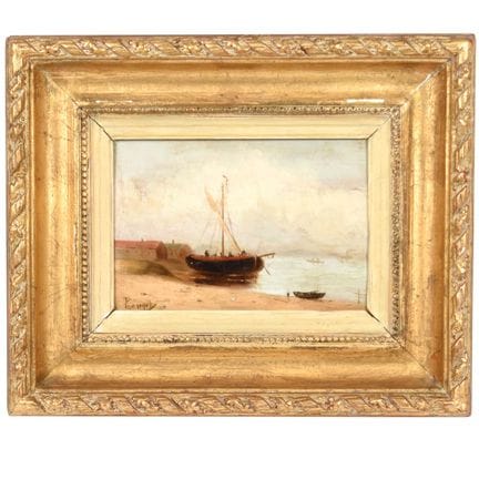 Huile sur bois signée ROUGET: barque ammarée (cadr