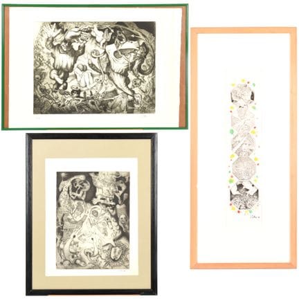 3 gravures signées Joseph GHIN: Satires (39 x 31 c