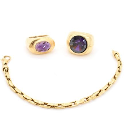 2 bagues et bracelet en or jaune 18 ct (pierres de