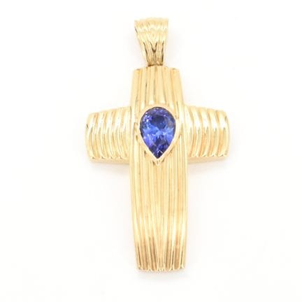 Croix en or jaune 18 ct (tanzanite, pierre ébréché