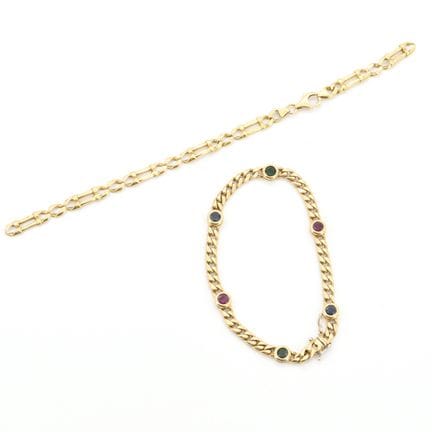 2 bracelets en or jaune 18 ct (pierres de couleurs