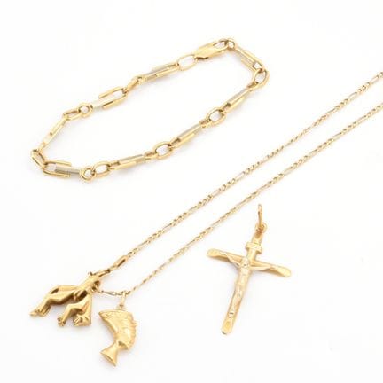 Collier, 2 pendentifs, croix et bracelet en or jau