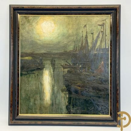 DECOENE, «Vista nocturna del puerto», óleo sobre l