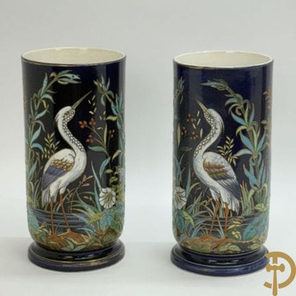 Pair of vases in colored faience, decorated with s