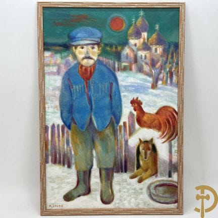 COCKX M., titulado «Agricultor con perro y gallina