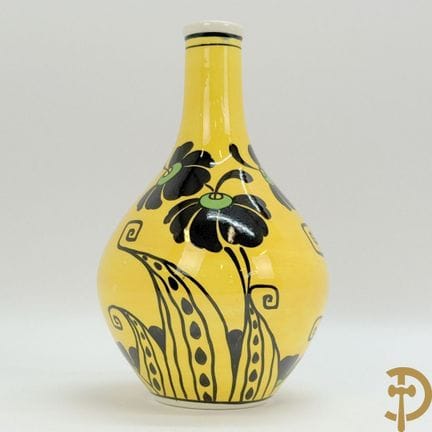 Gelbe Art-Déco-Vase mit Blumenmuster, signiert mit