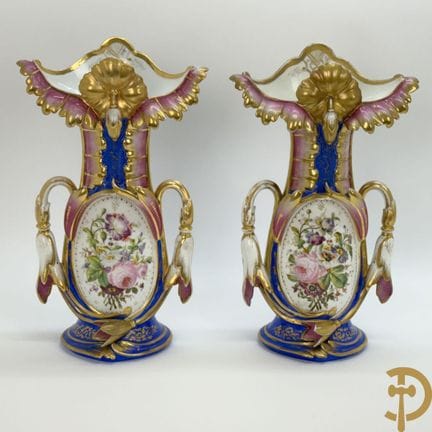 Pair of Vieux Paris cornet vases with floral decor