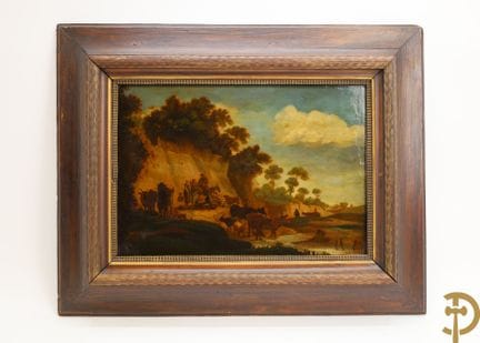 «Paisaje animado idílico», sin firmar, óleo sobre 