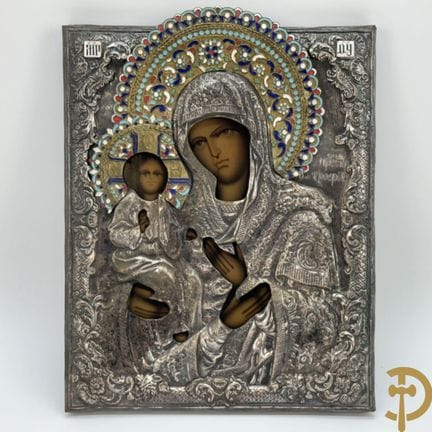 Icona raffigurante Madonna con bambino e rizza arg