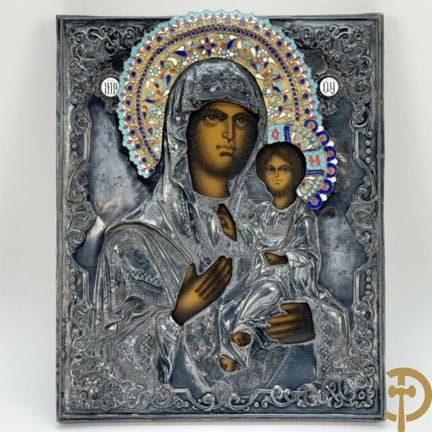 Icona raffigurante Madonna con bambino e rizza arg
