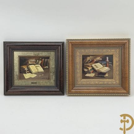 RIPOLL 署名《书籍与蜡烛静物》 油画纸上油画 + RIPOLL 署名《书籍与老花镜静物》 油画