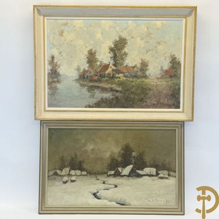 PAUWELS H.J. 署名《河畔农舍》 布面油画 + PAUWELS H.J. 署名《冬日农舍风