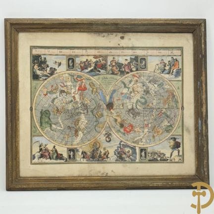 Alte kolorierte Karte mit zwei Hemisphären und Tie