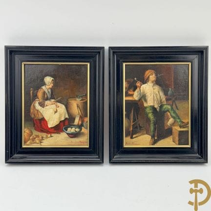 范·登·莫伊恩（VAN DEN MOYEN）作品《手持蔬菜的坐姿女士》和《手持烟斗和水壶的坐姿青年》