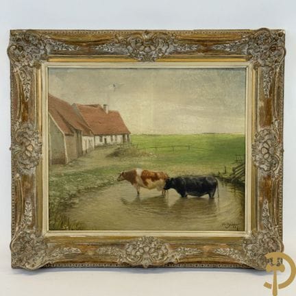 BAKKER Fr., signiert „Bauernhof mit Kühen am Tränk