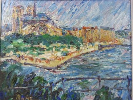 朱利安·杜里埃（1900-1993）——《巴黎圣母院与圣路易岛》，油画，绘于硬纸板上，左下角有签名。