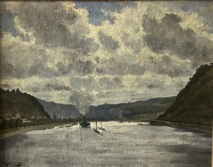 19世纪画派
河上的蒸汽船与帆船
油画，画于纸板上，左下角有签名
33×42厘米（有破损）