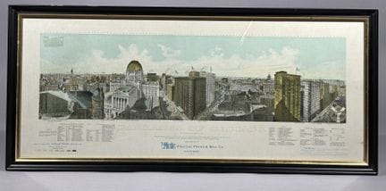 乔治·W·梅尔维尔。
《芝加哥全景图》。
彩色鸟瞰视图铜版画。
36 × 81 厘米。

这是一幅引