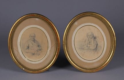 19世纪中叶法国画派，
马尼尼夫妇肖像。
纸本铅笔画。
署名并标注日期为1849年9月9日。
22.