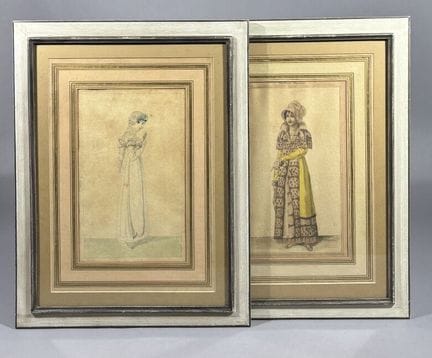 19世纪前30年画派，
《一对优雅女子》。
铅笔、墨水和水彩画于纸上。
取材自《巴黎时装》。
画面尺