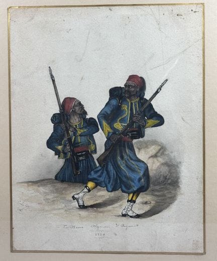 第二帝国画派，
阿尔及利亚步兵。
纸本铅笔与水彩画。
左下角署名“Le Caz”，标有标题并注明18