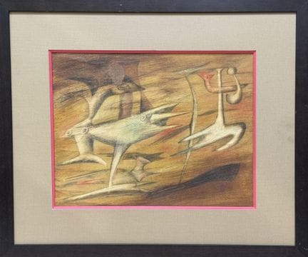 皮埃尔-让·德·马里亚（1896-1984）
超现实主义抽象画作
纸本墨水与粉彩，右下角签名
高 3