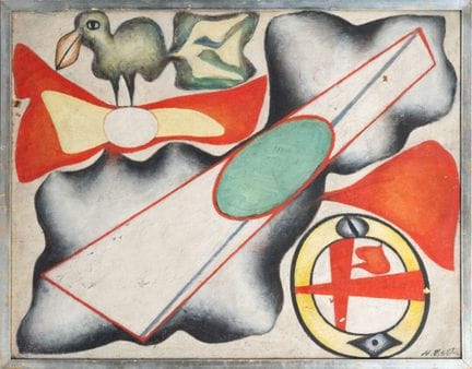 École surréaliste 
Composition à l'oiseau 
Huile s
