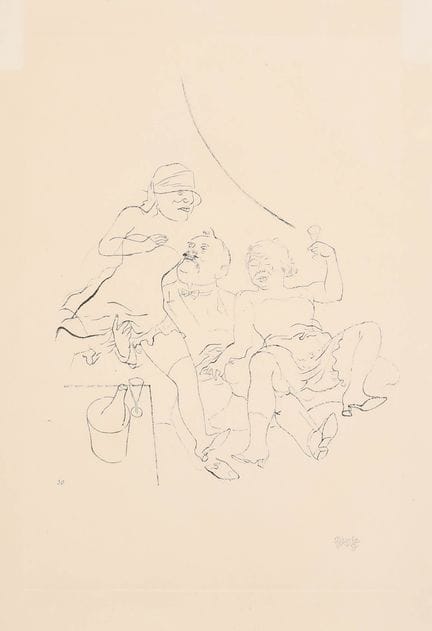 乔治·格罗兹（1893-1959），德国人。《三人行》，蚀刻版画，铅笔签名，12英寸×8.5英寸（3