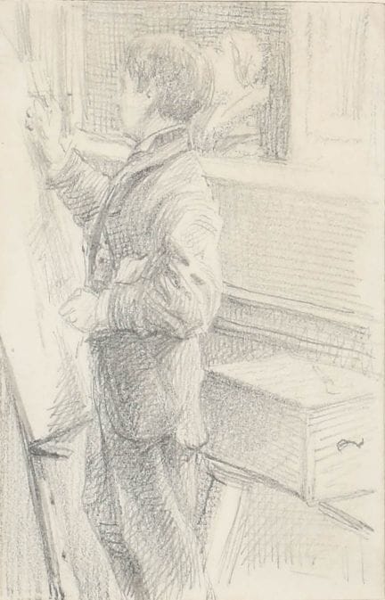 西奥多·布莱克·维尔格曼（1848-1925），英国人。《画架前的艺术家》，铅笔画，背面标签上有题记