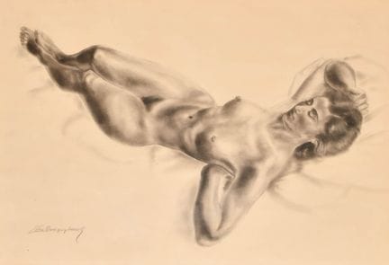 L·范·克拉恩布罗克（20世纪） 欧洲画派。《仰卧裸女》，炭笔画，署名，21英寸×29英寸（53.3