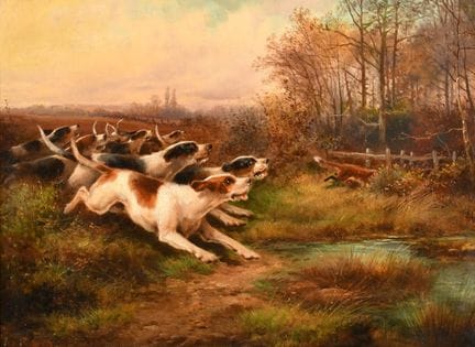 John Morris (1865–1924), britisch. „Hunde jagen ei