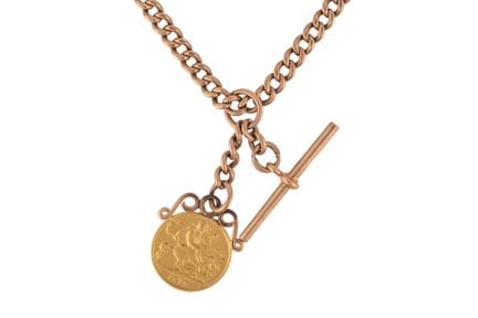 Una cadena Albert de oro de 9 quilates, con una ba