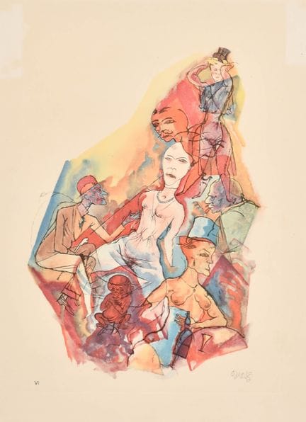 乔治·格罗兹（1893-1959），德国人。《人物习作》，彩色版画，铅笔签名，12英寸×8.5英寸（