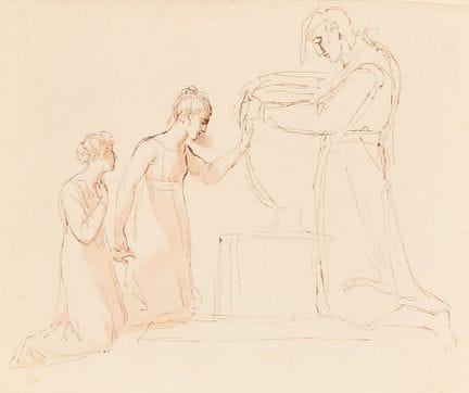 19世纪英国画派。跪姿人物，水墨画，8.85英寸×11英寸（22.5×28厘米）