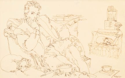 彼得·萨缪尔森（1912-1996），英国人。《与狗同坐的绅士》，水墨画，署名“Peter”，并标注