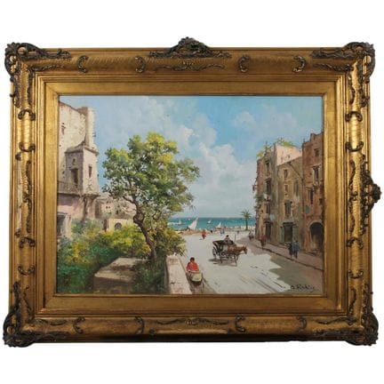 奥古斯托·拉迪切（1913/？）《海边乡村风景》 布面油画，配镀金木框。60×80厘米