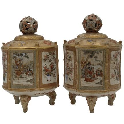 Pair of finely painted, gilded ceramic containers 