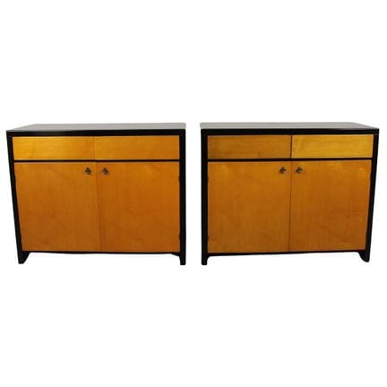 Pair of two-door sideboards in light wood and ebon