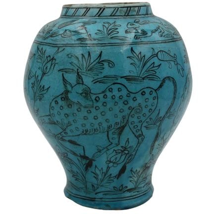 Antique majolica vase decorated with fantastical a