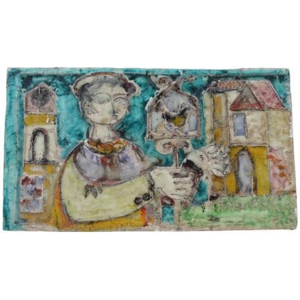 "Figure with a Little Bird" Large polychrome ceram
