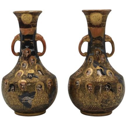 Pair of antique painted ceramic vases, decorated a