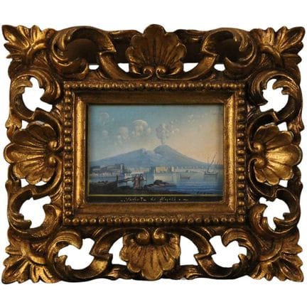 "View of Naples" Gouache on paper in a gilded wood