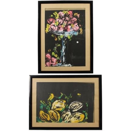 Two Still Lifes. Mixed media on paper, framed. Sig