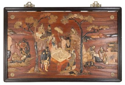 Grand panneau en bois dur incrusté de stéatite chi