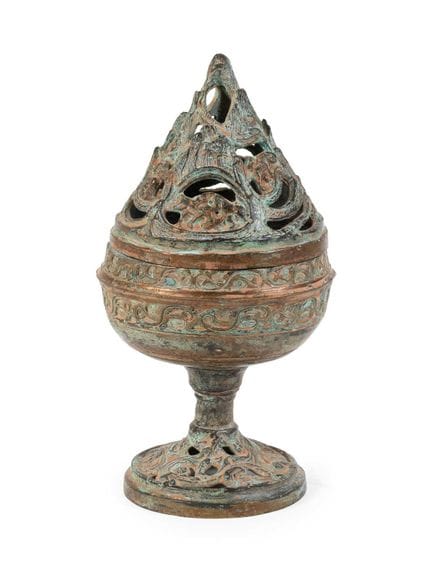 Encensoir chinois en bronze avec couvercle ajouré,