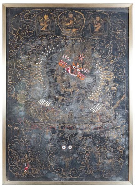 Une thangka tibétaine à fond noir représentant Yam