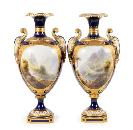 A Pair of Royal Worcester Porcelain Twin-Handled V