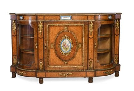A Victorian Walnut, Burr Walnut, Satinwood and Gil